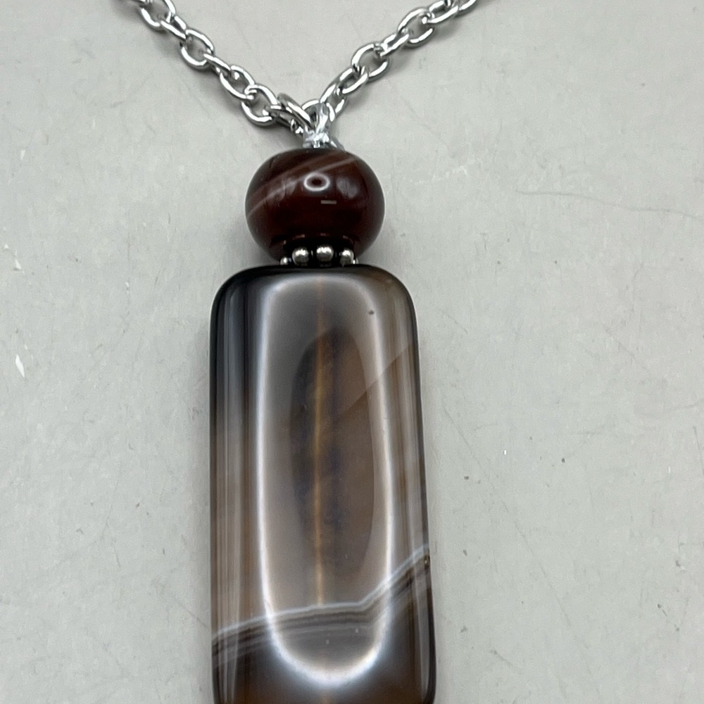 Banded Agate Pendant Necklace Silver Tone Chain Statement Jewelry Boho Chic - Picture 4 of 5